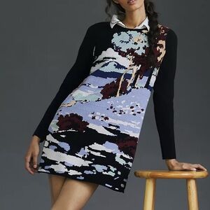 Anthropologie Maeve Multicolor Scenic Long Sleeve‎ Mini Dress Sz L